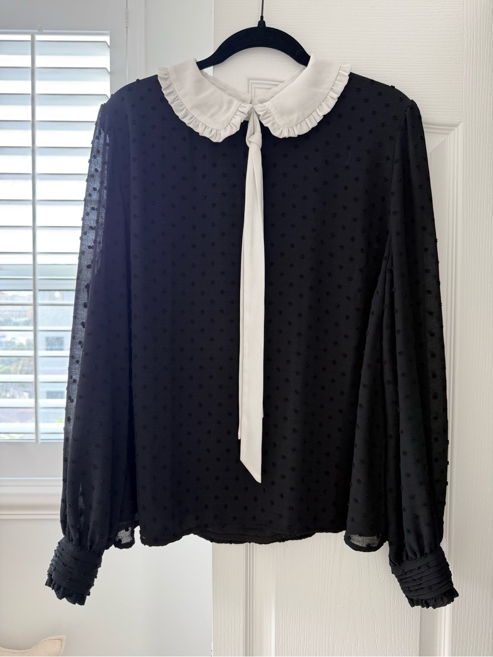 CeCe Black Swiss Dot Blouse with White Ruffle Collar and Tie